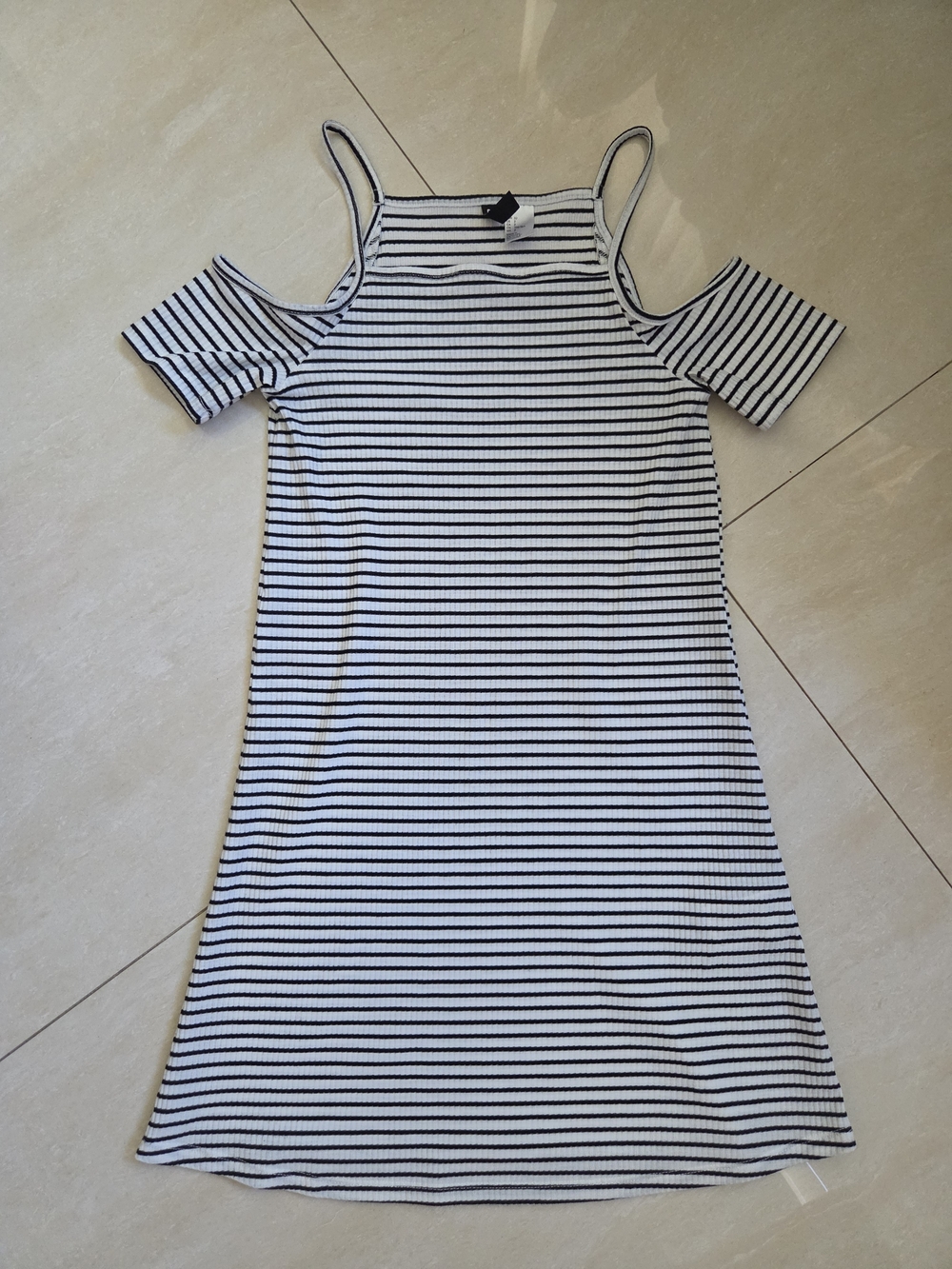 H&M White and Black Striped Cold-Shoulder Mini Dress